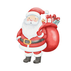 Santa Claus with large red bag of gifts. Smiling symbol of Christmas and New Year. Watercolor illustration, isolated on white background.