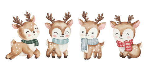 Cute watercolor Christmas reindeer wearing scarves. Fun winter characters for New Year's decorations, greeting cards, children's illustrations, and festive designs. © Oksana