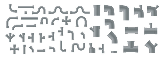 Plastic Pipe. Industry pipeline. waste pipes industrial pipeline tubes plumbing pressure system set. Water tube plastic canalization technology. Vector