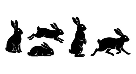Silhouette of rabbits isolated on white background, various poses and actions © Kaalia