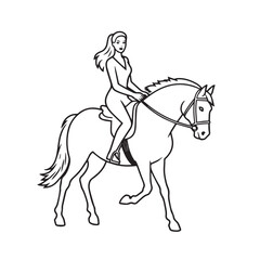 Fototapeta premium Black and white line art of a beautiful woman with perfect body riding horse elegant minimalist illustration