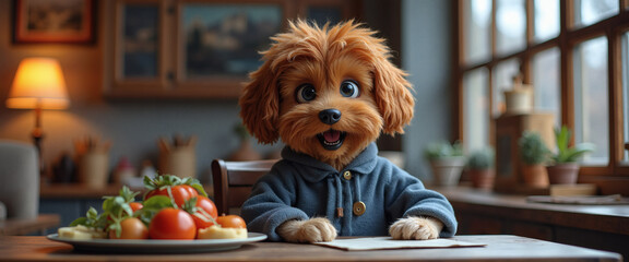 Adorable Whimsical Brown-Furred Dog Character in a Cozy Gray Fleece Jacket Sits Happily at a Rustic Wooden Table, Patiently Awaiting a Delightful Meal of Fresh Garden Vegetables