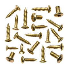 Collection of shiny golden wood screws scattered on a surface