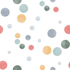 Seamless watercolor pattern with multicolored circles in red, blue, gold, and green shades on white background. Perfect for festive design, textiles, wrapping, and modern decor.