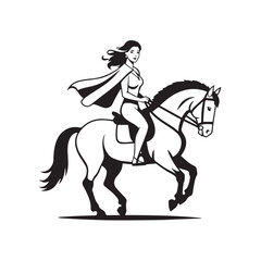 Black and white line art of a beautiful woman with perfect body riding horse elegant minimalist illustration