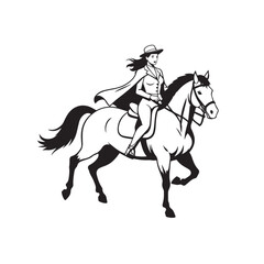 Black and white line art of a beautiful woman with perfect body riding horse elegant minimalist illustration