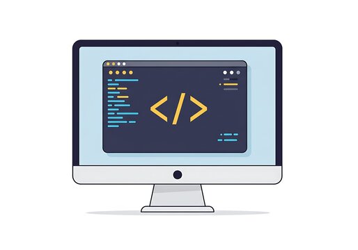 Vector flat design of a computer monitor with coding brackets