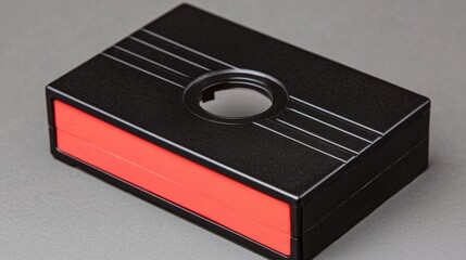 A black rectangular box with a red stripe and a circular hole in the center.