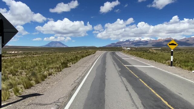 On the way across the Altiplano, Arequipa, Peru. El Misti volcano on the horizon