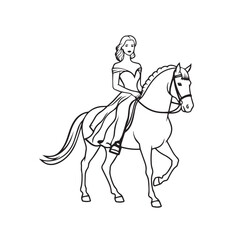Fototapeta premium Black and white line art of a beautiful woman with perfect body riding horse elegant minimalist illustration