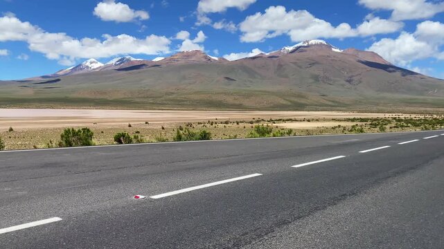 On the way across the Altiplano, Arequipa, Peru. El Misti volcano on the horizon