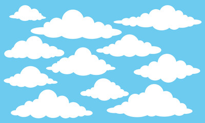 Collection of flat white clouds set on blue background. Vector set of cartoon flat illustration. Cloud