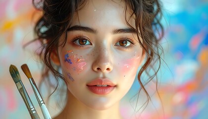 Close-up portrait of a young woman with paint on her face