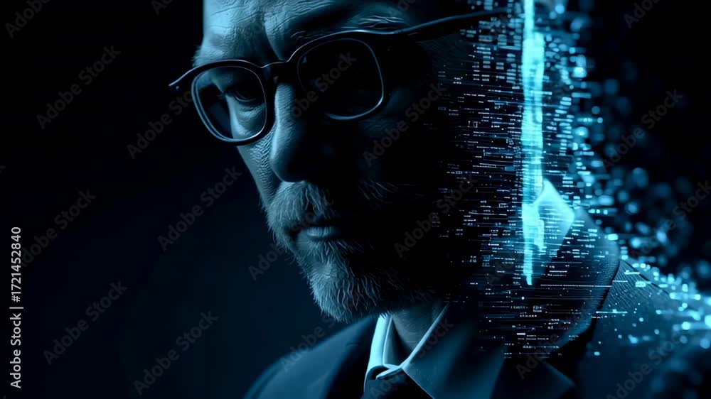 Poster man in suit gazes thoughtfully with digital data visualization effects around him. dark background e