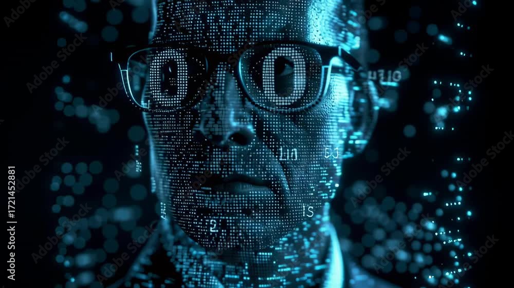 Poster profile of man with glasses filled with illuminated binary code. dark background enhances futuristic