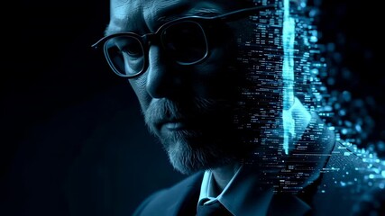 Man in suit gazes thoughtfully with digital data visualization effects around him. Dark background emphasizes tech theme. Concept of innovation, business consulting, technology