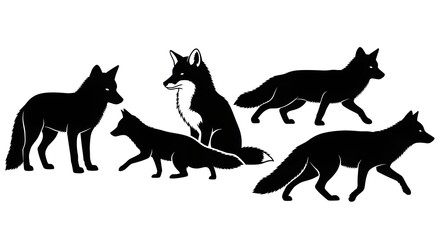 Silhouette of foxes in various poses isolated on white background