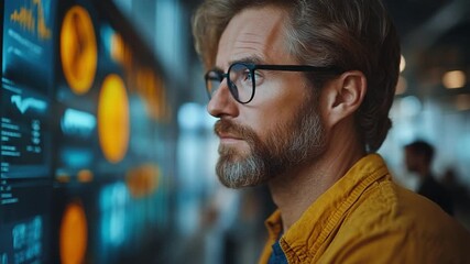 Focused Vision: An observant professional, meticulously examining data visualization, radiating an aura of authority and intellect, against the backdrop of a cutting-edge technology environment.