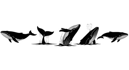 Silhouette of whales in various poses isolated on white background