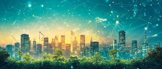 A futuristic cityscape with a network of digital connections above skyscrapers symbolizes the development of technology and innovation, suitable for articles about the future, urbanization,