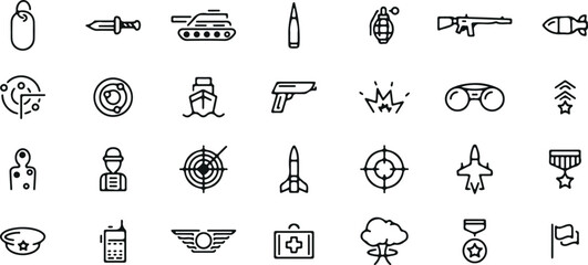 Naklejka premium Military and Weapon Icon Set – Army, Soldier, Tank, Gun, Target, Battle, War, Security, Combat, Weapon, Protection, Outline, Minimal, Black and White, Vector, Illustration