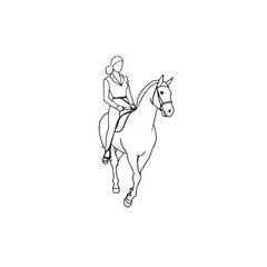 Black and white line art of a beautiful woman with perfect body riding horse elegant minimalist illustration