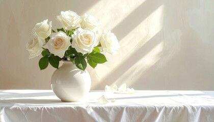 Sunlit White Roses in a Ceramic Vase A Still Life Photograph