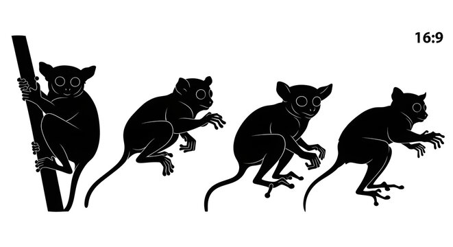 Group of tarsiers in silhouette isolated on white background in black color