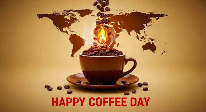 Global coffee celebration happy coffee day with world map emerging from a cup of beans
