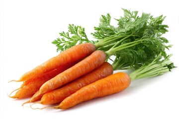 Fresh organic carrots with green tops on white background, vibrant orange and green, high detail