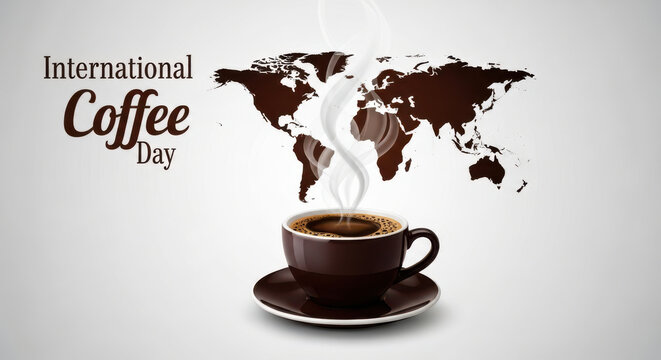 Celebrating international coffee day with a steaming cup and a world map made of coffee
