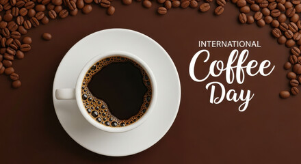 Aromatic freshly brewed coffee cup surrounded by roasted coffee beans celebrating international coffee day