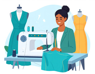 A smiling woman sews fabric on a machine, fashion design concept.