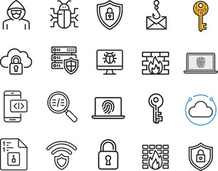 Cybersecurity threats and protection line icons set. Security, firewall, hacker, data. vector illustration