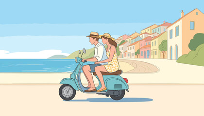 Couple riding a scooter on a coastal road