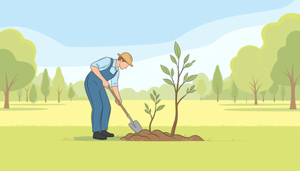 Farmer planting a young tree in the garden