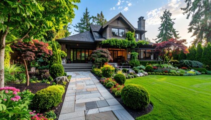 Naklejka premium Magnificent Luxury Residence Featuring Elegant Architecture and a Meticulously Designed Garden, Complete with Lush Greenery and a Serene Outdoor Environment