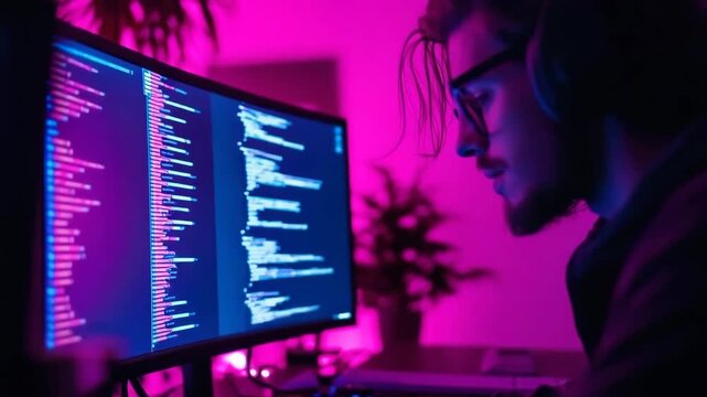 Gen Turbo features a slow zoom pan of a focused individual coding in a creative workspace with vibrant pink lighting