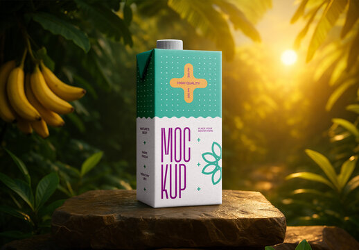 Realistic Banana Juice Carton Packaging Mockup Placed on Stone in Tropical Jungle with Sunlight and Green Leaves &ndash; Perfect for Beverage and Fruit Drink Branding Design