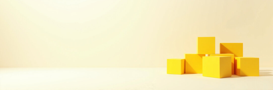 Yellow block arrangement shows cubes stacked on pale background, casting shadows. Yellow block layout includes multiple cubes of equal size, displayed with subtle lighting and simple setup.