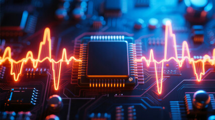 Electrical circuit board with glowing heartbeat waveform and central microchip