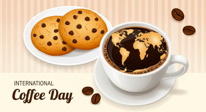 International coffee day celebration with a steaming cup of coffee featuring the world map and chocolate chip cookies