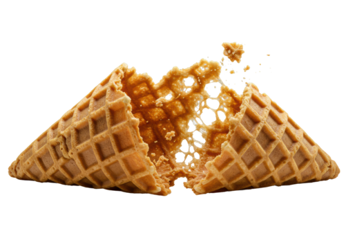 Extreme macro low-angle of a golden-brown waffle cone torn open with scattering crumbs, crispy ridges, glistening sugar, raking light on transparent background, concept of food textural beauty