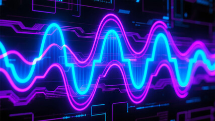 Neon waveforms on a digital circuit background with glowing lines and abstract patterns