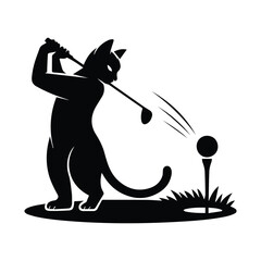 Playful cat silhouette swings golf club hitting ball on tee silhouette