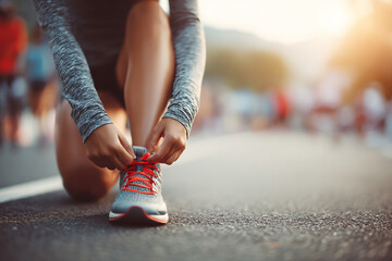 Athlete tying running shoes before marathon race at sunrise