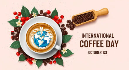 International coffee day october 1st celebration with latte art of earth in a cup surrounded by beans and leaves