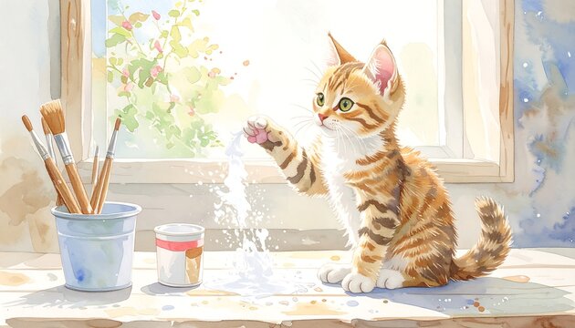 Cute kitten playing with paint near a window