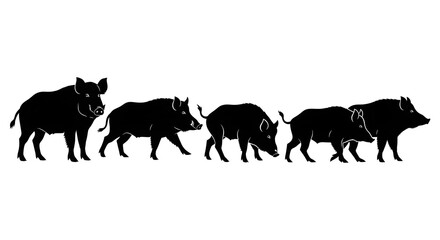 Fototapeta premium Silhouette of boars isolated on white background in a row formation and walking
