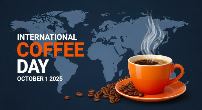 Celebrating international coffee day october 1st with a steaming cup and world map background